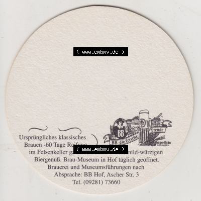 Bierdeckel Bürgerbräu Hof - BB-die frische Freude, Brauerei-Museum (4). Deutscher Katalog über deutsche Bierdeckel Bürgerbräu... Sammlung