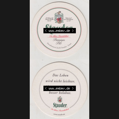 Bierdeckel Stauder Premium Pils, Das Leben wird nicht leichter. Aber es wird immer besser belohnt (3). Deutscher Katalog über deutsche Bierdeckel Privatbrauerei Jacob... Sammlung