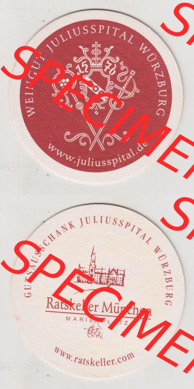 Bierdeckel Weingut Juliusspital Würzburg, Ratskeller München, Gutsausschank (3). Deutscher Katalog über deutsche Bierdeckel Stiftung Juliusspital Würzburg... Sammlung