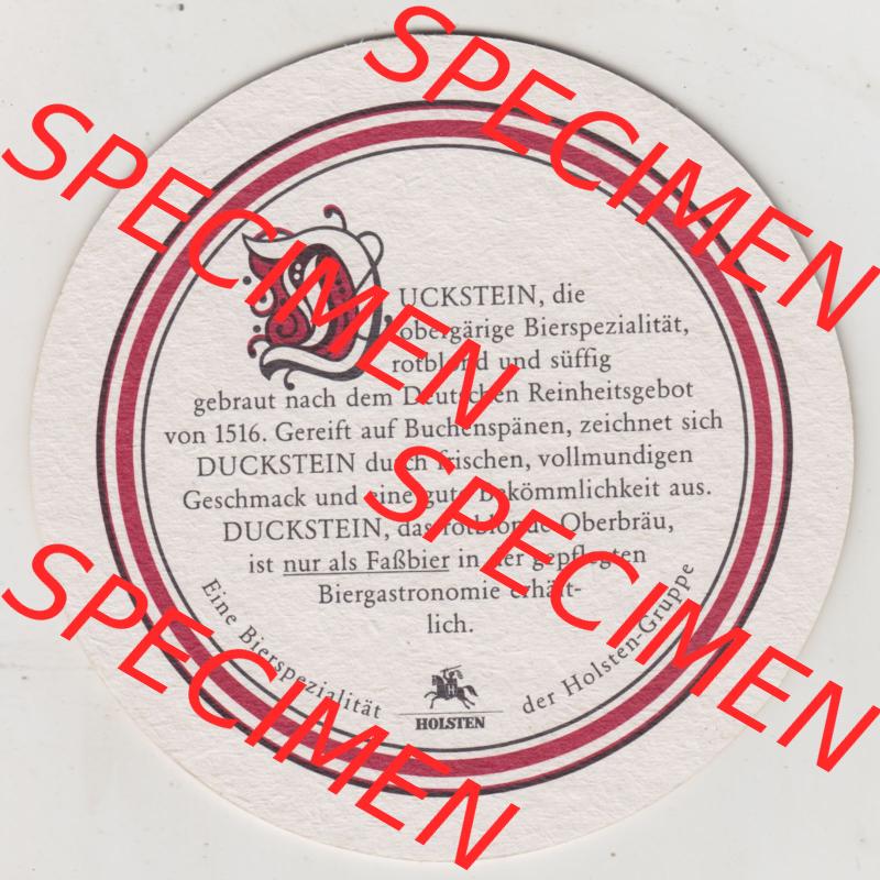 Bierdeckel Duckstein auf Buchenholz gereift, Rotblondes Oberbräu, Duckstein, die obergärige Bierspezialität rotblond und süffig (2). Deutscher Katalog... Sammlung