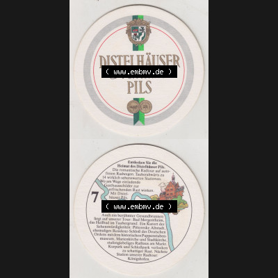 Bierdeckel Distel-Pils aus Distelhausen, Heimat des Distel Pils, 7. Karte mit Distelhausen Bad Mergentheim (3). Deutscher Katalog über die deutschen Bierdeckel... Sammlung