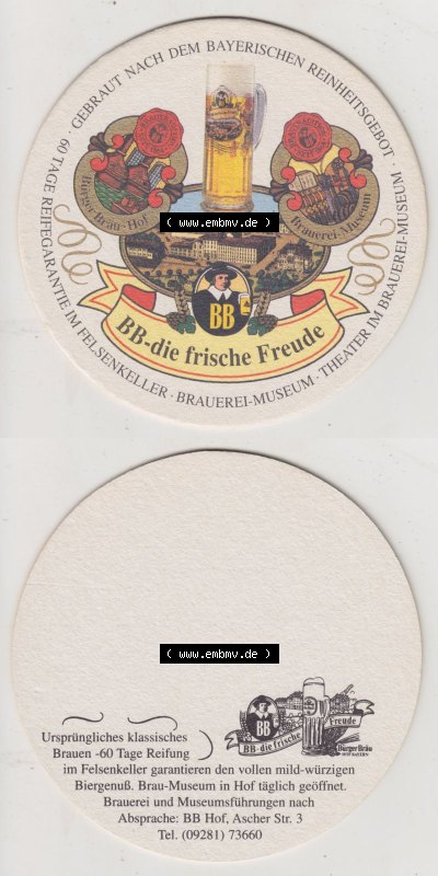 Bierdeckel Bürgerbräu Hof - BB-die frische Freude, Brauerei-Museum (5). Deutscher Katalog über deutsche Bierdeckel Bürgerbräu... Sammlung