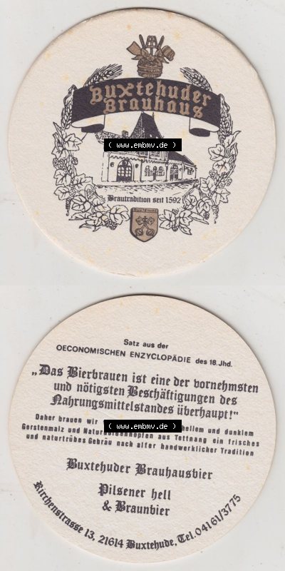Bierdeckel Buxtehuder Brauhaus, Brauhaustradition seit 1592, Das Bierbrauen ist eine der vornehmsten und nötigsten Beschäftigungen... Sammlung