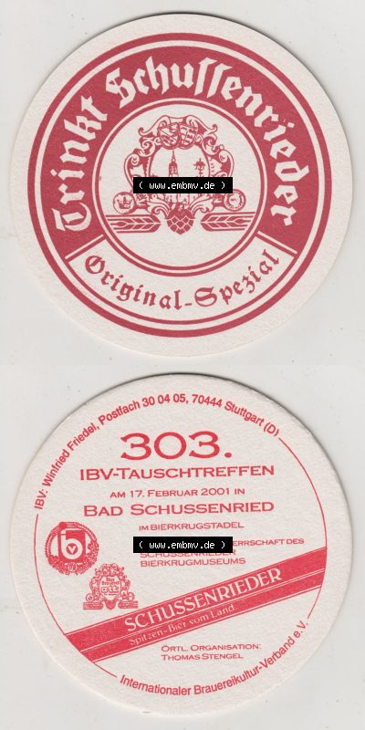Bierdeckel 2001, Schussenrieder Brauerei Ott, Trinkt Schussenrieder, Original-Spezial, 303. IBV-Tauschtreffen Bad Schussenried... Sammlung