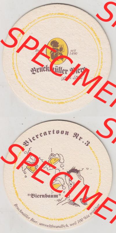 Bierdeckel Bruckmüller Biere, Braustätte seit 1490, was sonst! Bier-Cartoon Nr 3. Biernbaum Umweltfreundlich, weil 100%ig trinkbar (3). Deutscher... Sammlung