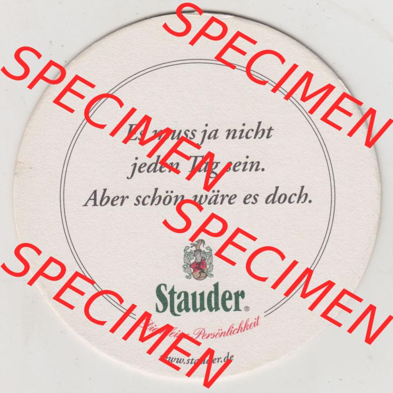 Bierdeckel Stauder Premium Pils, Es muss ja nicht jeden Tag sein. Aber schön wäre es doch (2). Deutscher Katalog über deutsche Bierdeckel Privatbrauerei Jacob... Sammlung