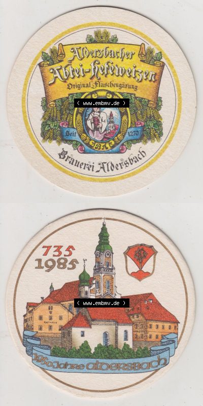 Bierdeckel 1985, Aldersbacher Abtei-Hefeweizen, Original Flaschengährung, 735-1985 1250 Jahre Aldersbach (3). Deutscher Katalog... Sammlung