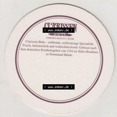 Bierdeckel Dortmunder Stifts-Brauerei, Clarissen-Bräu, nach klösterlicher Art gebraut (2). Deutscher Katalog über deutsche Bierdeckel Dortmunder Stifts-Brauerei... Sammlung
