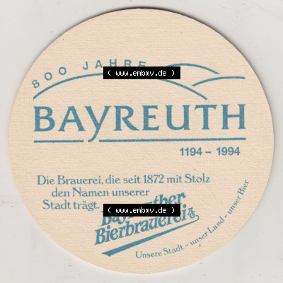 Bierdeckel 1994, Bayreuther Bierbrauerei AG, Seit 1872, 800 Jahre Bayreuth 1194-1994 (2). Deutscher Katalog über deutsche Bierdeckel... Sammlung