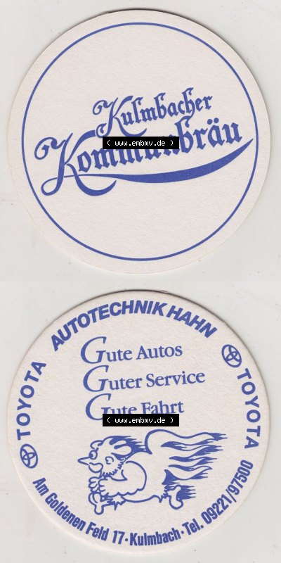 Bierdeckel Kulmbacher Kommunbräu, Toyota Autotechnik Hahn, Am Goldenen Feld, Kulmbach (3). Deutscher Katalog über deutsche Bierdeckel... Sammlung