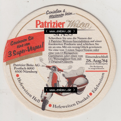 Bierdeckel 1984, Patrizier Weizen SPASS, Gewinnen Sioe eine von 3 Super-Vespas, PatrizierBräu AG (1). Deutscher Katalog über... Sammlung