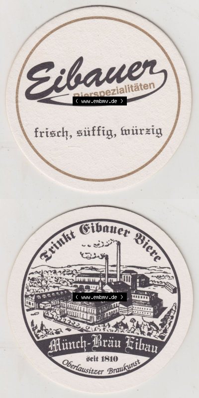 Bierdeckel Eibauer Bierspezialitäten, frisch, süffig, würzig, Münch-Bräu Eibau, Trinkt Eibauer Biere (3). Deutscher Katalog... Sammlung