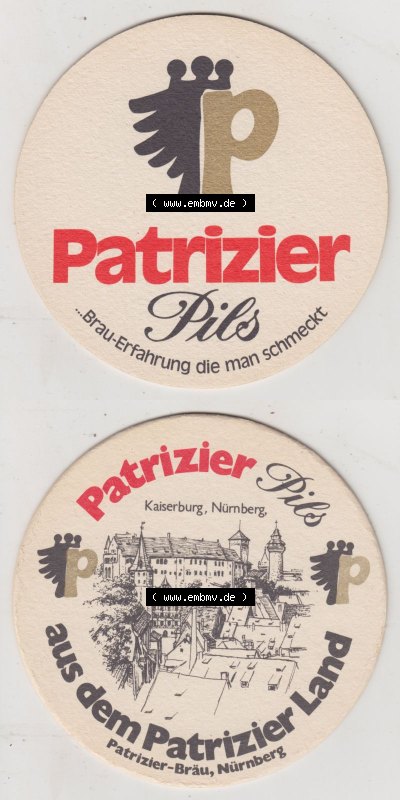 Bierdeckel Patrizier Pils, ...Brau-Erfahrung die man schmeckt, Bierdeckel mit Motiv Kaiserburg, Nürnberg (3). Deutscher Katalog... Sammlung