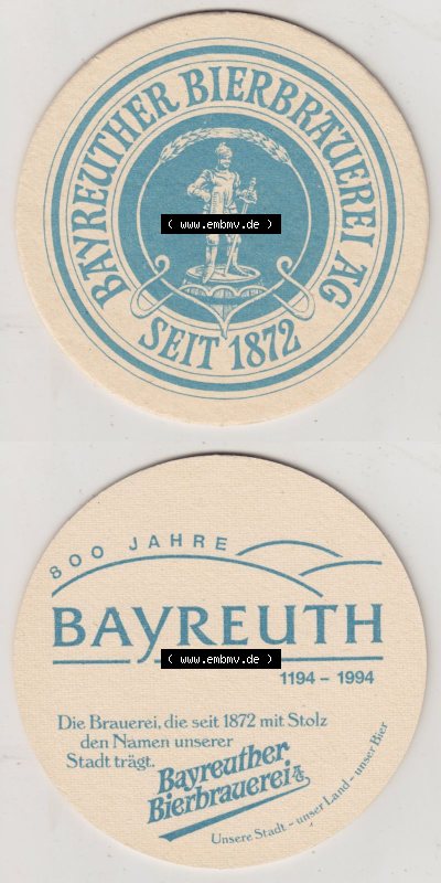 Bierdeckel 1994, Bayreuther Bierbrauerei AG, Seit 1872, 800 Jahre Bayreuth 1194-1994 (3). Deutscher Katalog über deutsche Bierdeckel... Sammlung