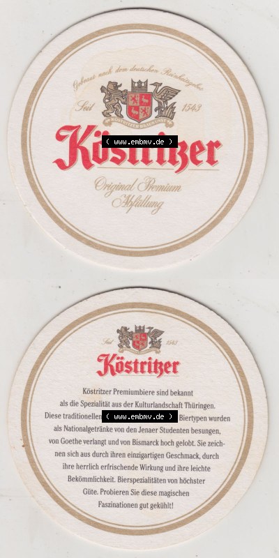 Bierdeckel Köstritzer Original Premium Abfüllung, Seit 1543, Köstritzer Premiumbiere sind bekannt als die Spezialität aus... Sammlung