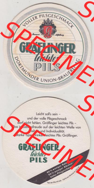 Bierdeckel Gräflinger leichter Pils, Dortmunder Union-Brauerei AG, Leicht solls sein und der volle Pilsgeschmack (3). Deutscher Katalog über deutsche Bierdeckel Dortmunder... Sammlung