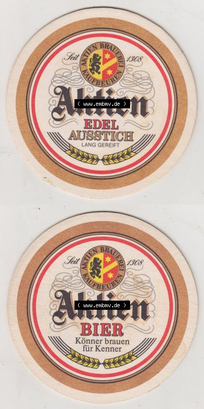 Bierdeckel Aktien Brauerei Kaufbeuren, Aktien Edel Ausstich und Aktien Bier Könner brauen für Kenner (3). Deutscher Katalog... Sammlung