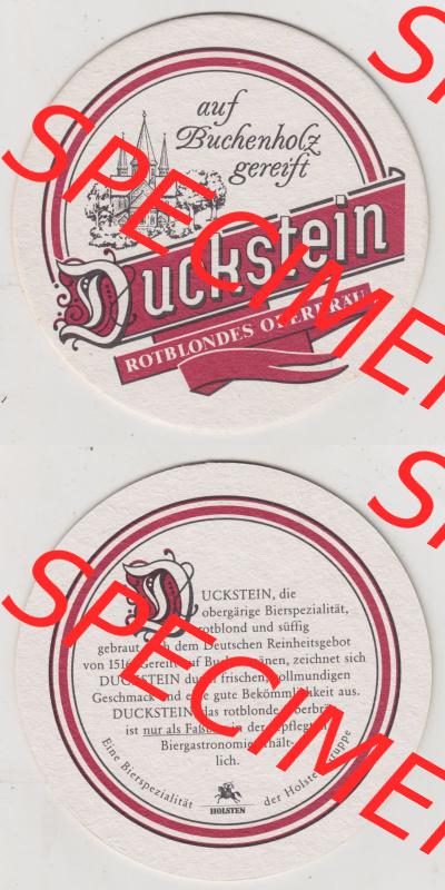 Bierdeckel Duckstein auf Buchenholz gereift, Rotblondes Oberbräu, Duckstein, die obergärige Bierspezialität rotblond und süffig (3). Deutscher Katalog... Sammlung