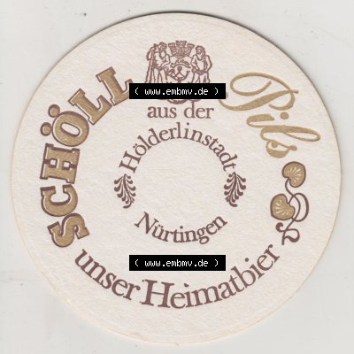 Bierdeckel Schöll Pils aus der Hölderlinstadt Nürtingen, unser Heimatbier (2). Deutscher Katalog über deutsche Bierdeckel Brauerei Schöll (Nürtingen)... Sammlung