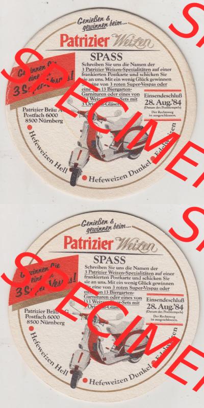 Bierdeckel 1984, Patrizier Weizen SPASS, Gewinnen Sioe eine von 3 Super-Vespas, PatrizierBräu AG (3). Deutscher Katalog über deutsche Bierdeckel Patrizier Bräu... Sammlung