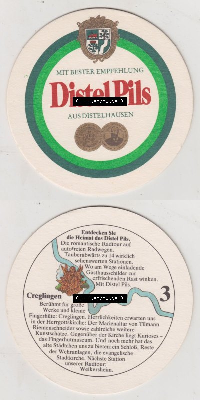 Bierdeckel Distel-PIls aus Distelhausen, Heimat des Distel Pils, 3. Karte mit Creglingen (3). Deutscher Katalog über die deutschen... Sammlung