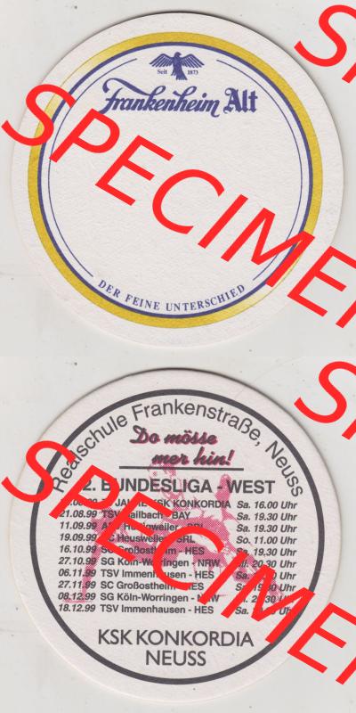 Bierdeckel Frankenheim Alt, der feine Unterschied, Realschule Frankenstraße, Neues, 2. Bundesliga KSK Konkordia Neuss (3). Deutscher Katalog über... Sammlung