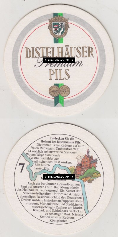 Bierdeckel Distel-Pils aus Distelhausen, Heimat des Distel Pils, 7. Karte mit Distelhausen Bad Mergentheim (3). Deutscher Katalog... Sammlung