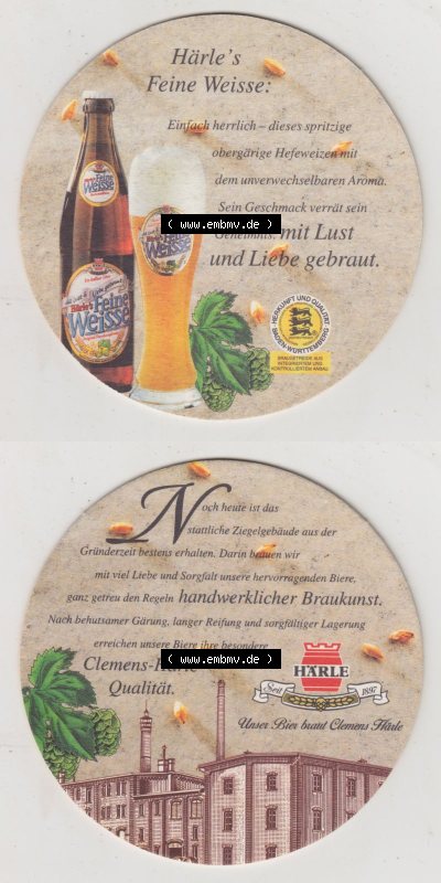 Bierdeckel Härle Feine Weisse, mit Lust und Liebe gebraut, Noch heute ist das stattliche Ziegelgebäude aus der Gründerzeit... Sammlung