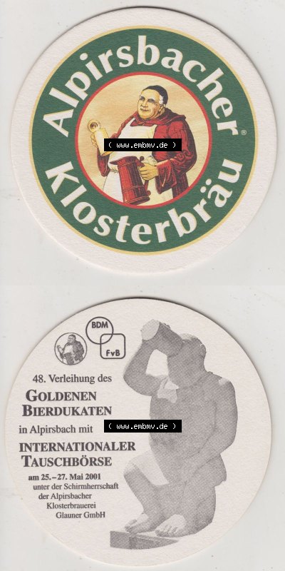 Bierdeckel 2001, Alpirsbacher Klosterbräu, 48. Verleihung des Goldenen Bierdukaten, Tauschbörse 2001 (3). Deutscher Katalog... Sammlung