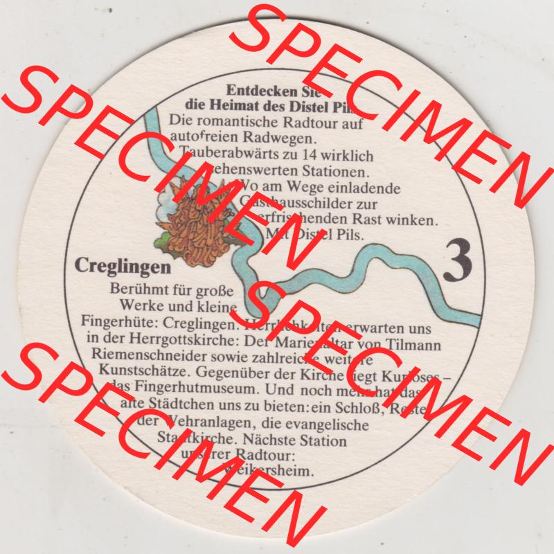 Bierdeckel Distel-PIls aus Distelhausen, Heimat des Distel Pils, 3. Karte mit Creglingen (2). Deutscher Katalog über die deutschen Bierdeckel Distelhäuser... Sammlung