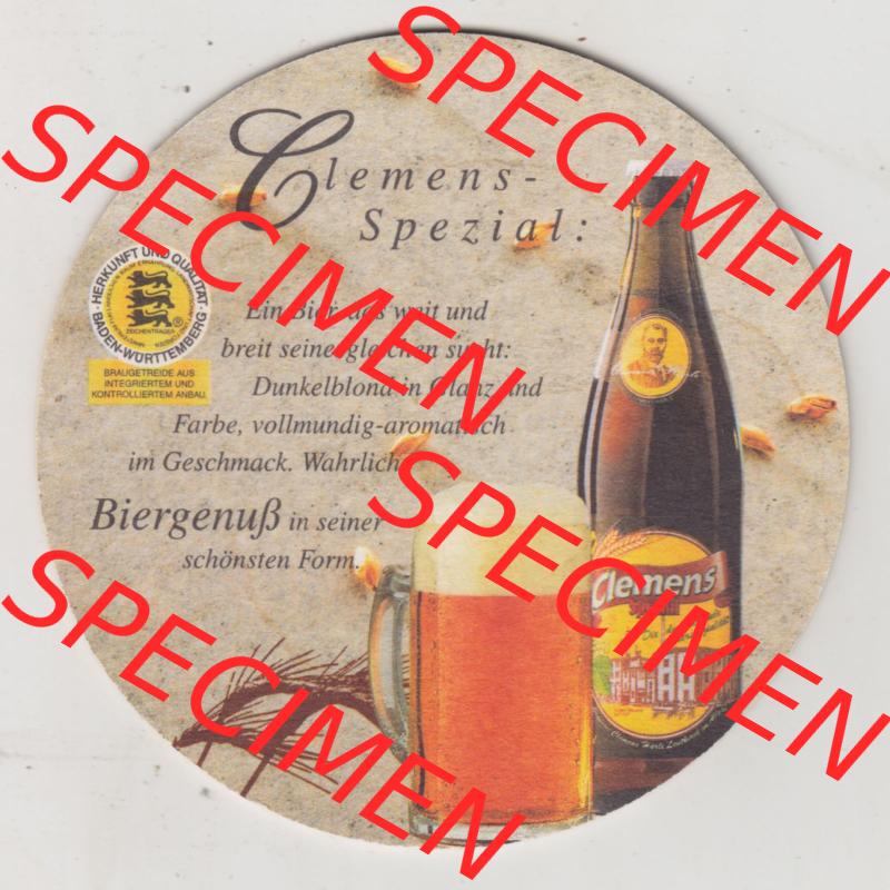 Bierdeckel Clemens-Spezial, Ein Bier das weit und breit seinesgleichen sucht, Dunkelblond in Glanz und Farbe (1). Deutscher Katalog über deutsche Bierdeckel Brauerei Clemens... Sammlung