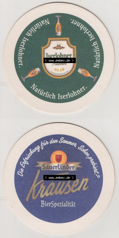 Bierdeckel Iserlohner Pilsener, Sauerländer Kräusen Bierspezialität, Die Erfrischung für den Sommer (3). Deutscher Katalog... Sammlung