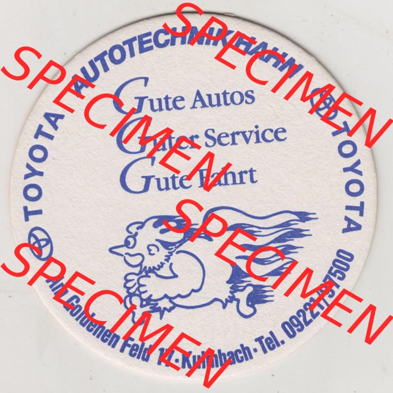 Bierdeckel Kulmbacher Kommunbräu, Toyota Autotechnik Hahn, Am Goldenen Feld, Kulmbach (2). Deutscher Katalog über deutsche Bierdeckel Kulmbacher Kommunbräu... Sammlung
