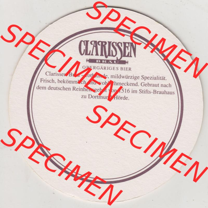 Bierdeckel Dortmunder Stifts-Brauerei, Clarissen-Bräu, nach klösterlicher Art gebraut (2). Deutscher Katalog über deutsche Bierdeckel Dortmunder Stifts-Brauerei... Sammlung