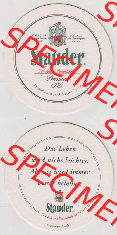 Bierdeckel Stauder Premium Pils, Das Leben wird nicht leichter. Aber es wird immer besser belohnt (3). Deutscher Katalog über deutsche Bierdeckel Privatbrauerei Jacob... Sammlung