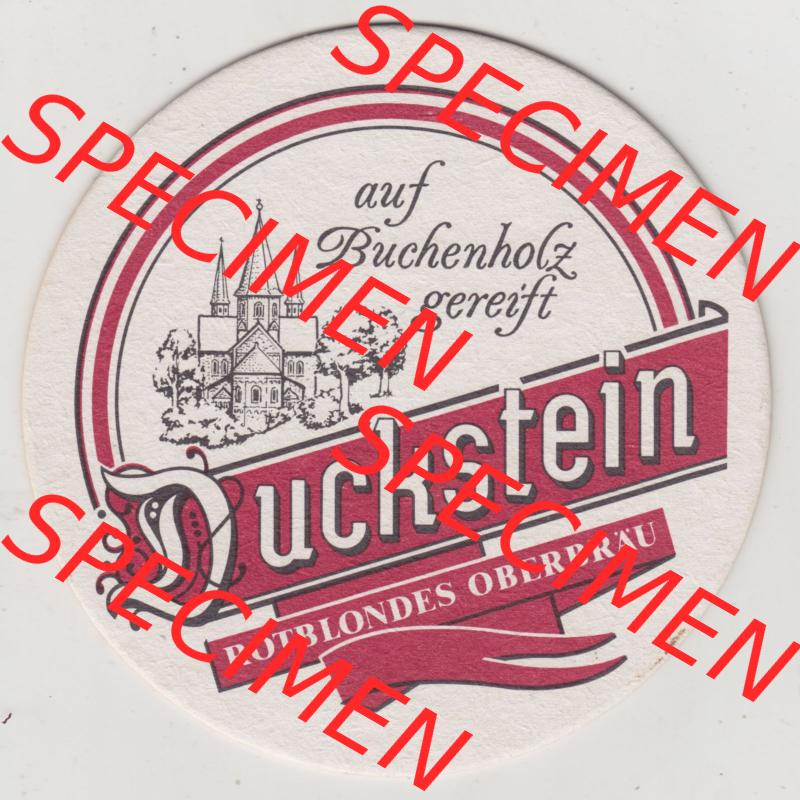 Bierdeckel Duckstein auf Buchenholz gereift, Rotblondes Oberbräu, Duckstein, die obergärige Bierspezialität rotblond und süffig (1). Deutscher Katalog... Sammlung