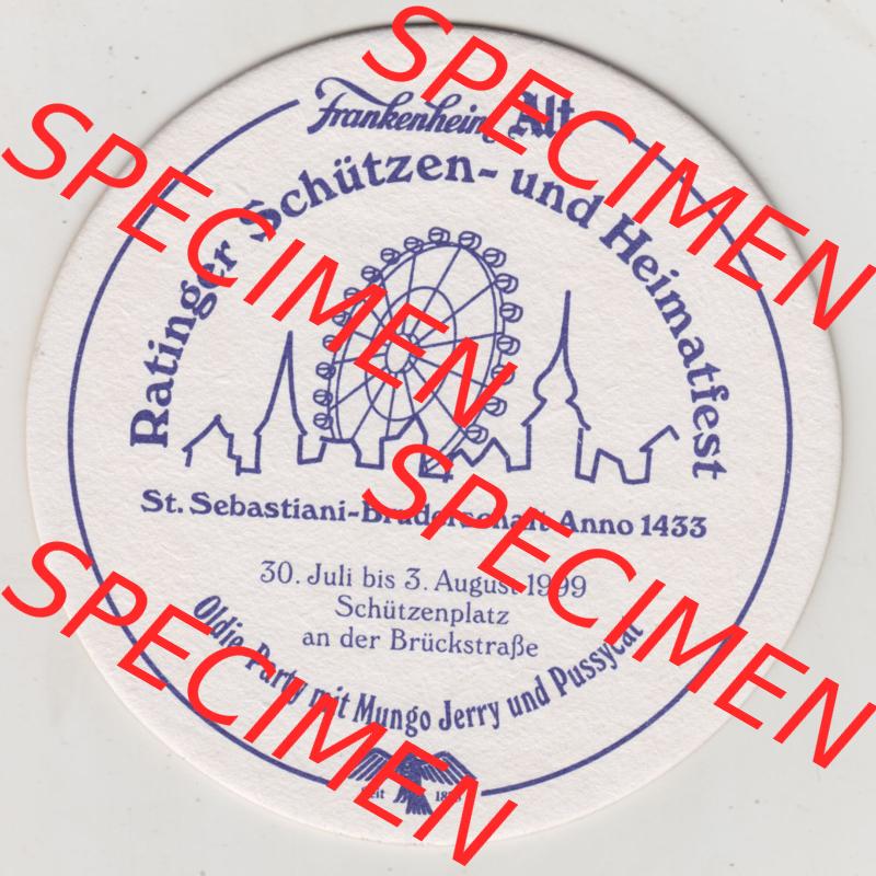 Bierdeckel 1999, Frankenheim Alt, Ratinger Schützen- und Heimatfest St. Sebastiani-Bruderschaft Anno 1433 (2). Deutscher Katalog über deutsche Bierdeckel Düsseldorfer... Sammlung