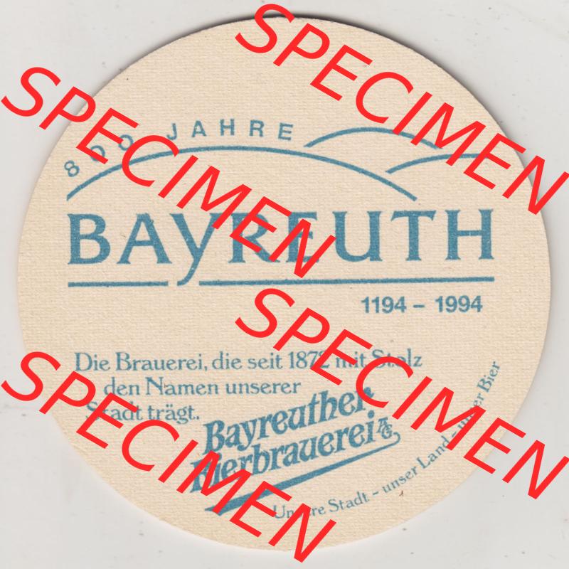 Bierdeckel 1994, Bayreuther Bierbrauerei AG, Seit 1872, 800 Jahre Bayreuth 1194-1994 (2). Deutscher Katalog über deutsche Bierdeckel Bayreuther Bierbrauerei AG aus... Sammlung