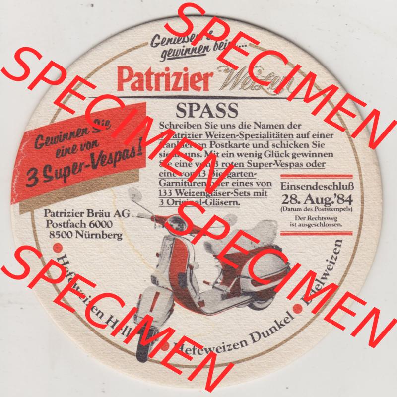 Bierdeckel 1984, Patrizier Weizen SPASS, Gewinnen Sioe eine von 3 Super-Vespas, PatrizierBräu AG (1). Deutscher Katalog über deutsche Bierdeckel Patrizier Bräu... Sammlung