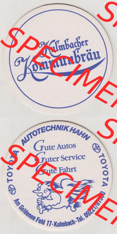 Bierdeckel Kulmbacher Kommunbräu, Toyota Autotechnik Hahn, Am Goldenen Feld, Kulmbach (3). Deutscher Katalog über deutsche Bierdeckel Kulmbacher Kommunbräu... Sammlung