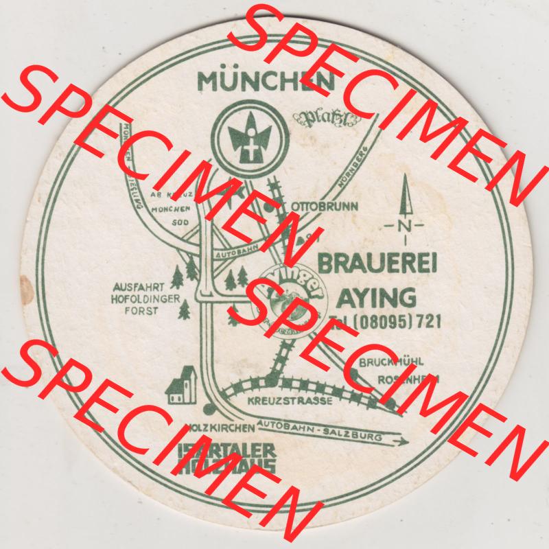 Bierdeckel Ayinger Bier-Spezialitäten, Karte von München der Brauerei Aying (2). Deutscher Katalog über deutsche Bierdeckel Brauerei Aying aus Bundesland Bayern zum... Sammlung