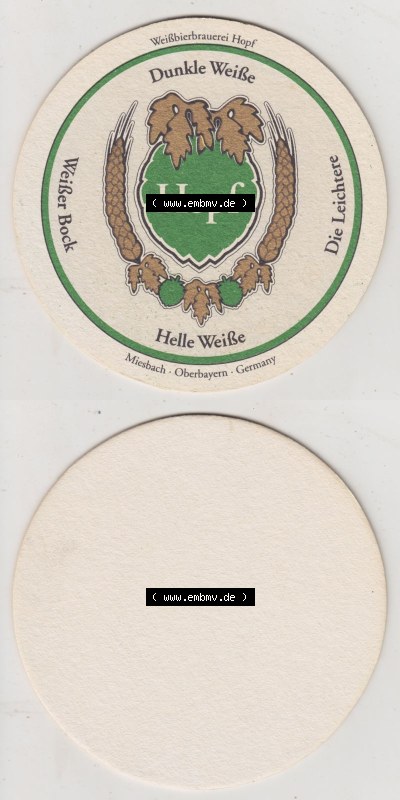 Bierdeckel Weißbierbrauerei Hopf, Hopf Helle Weiße, Die Leichterei (3). Deutscher Katalog über deutsche Bierdeckel Brauerei... Sammlung
