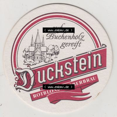 Bierdeckel Duckstein auf Buchenholz gereift, Rotblondes Oberbräu, Duckstein, die obergärige Bierspezialität rotblond und süffig (1). Deutscher Katalog... Sammlung
