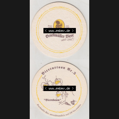 Bierdeckel Bruckmüller Biere, Braustätte seit 1490, was sonst! Bier-Cartoon Nr 3. Biernbaum Umweltfreundlich, weil 100%ig trinkbar (3). Deutscher... Sammlung