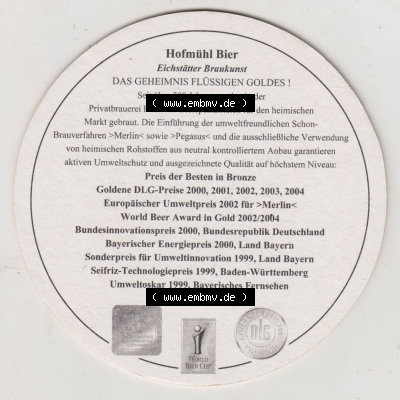 Bierdeckel Hofmühl Privatbrauerei, Hofmühl Hell, Bier Eichstätter Braukunst, Das Geheimnis des flüssigen Goldes (2). Deutscher... Sammlung