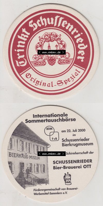 Bierdeckel 2000, Schussenrieder Brauerei Ott, Trinkt Schussenrider, Original-Spezial, Internationale Sommertauschbörse (3). Deutscher... Sammlung