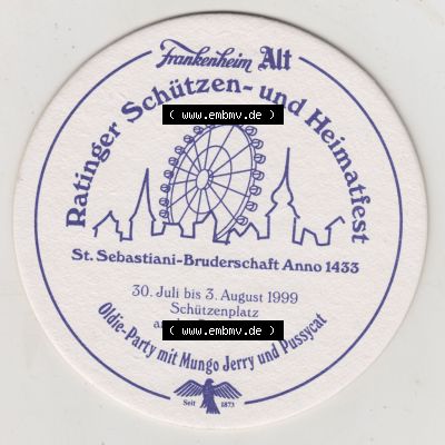 Bierdeckel 1999, Frankenheim Alt, Ratinger Schützen- und Heimatfest St. Sebastiani-Bruderschaft Anno 1433 (2). Deutscher Katalog über deutsche Bierdeckel Düsseldorfer... Sammlung