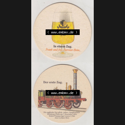 Bierdeckel Patrizier Pils, In einem Zug, FRank und frei Patrizier-Bräu, Die Englische Dampflok Adler Jungfernfahrt (3). Deutscher Katalog über deutsche Bierdeckel... Sammlung