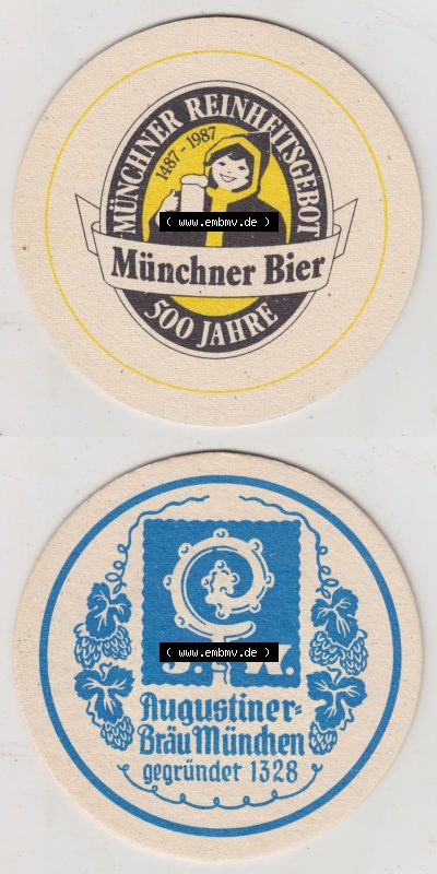 Bierdeckel 1987, Münchner Bier, Münchner Reinheitsgebot, 500 Jahre, Augustiner Bräu München (3). Deutscher Katalog über deutsche... Sammlung