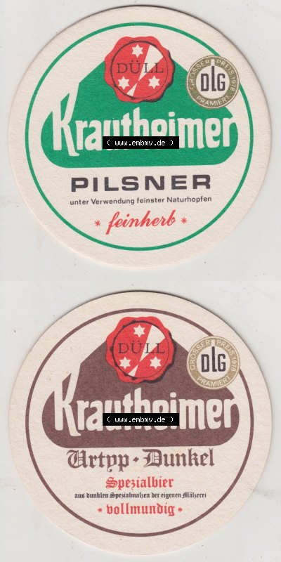 Bierdeckel Krautheimer Pilsner feinherb, unter Verwendung feinster Naturhpfen, Urtyp-Dunkel, Spezialbier, vollmundig, eigene Mälzerei... Sammlung